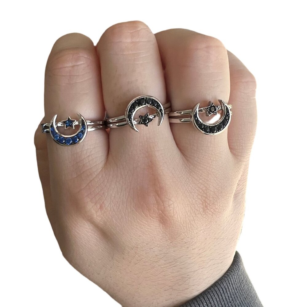 Moon and Star Zirconia Dual Double 925 Sterling Silver Ring
